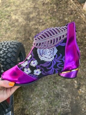 Metallic Purple Floral Embroidered Women's Ankle Boot
